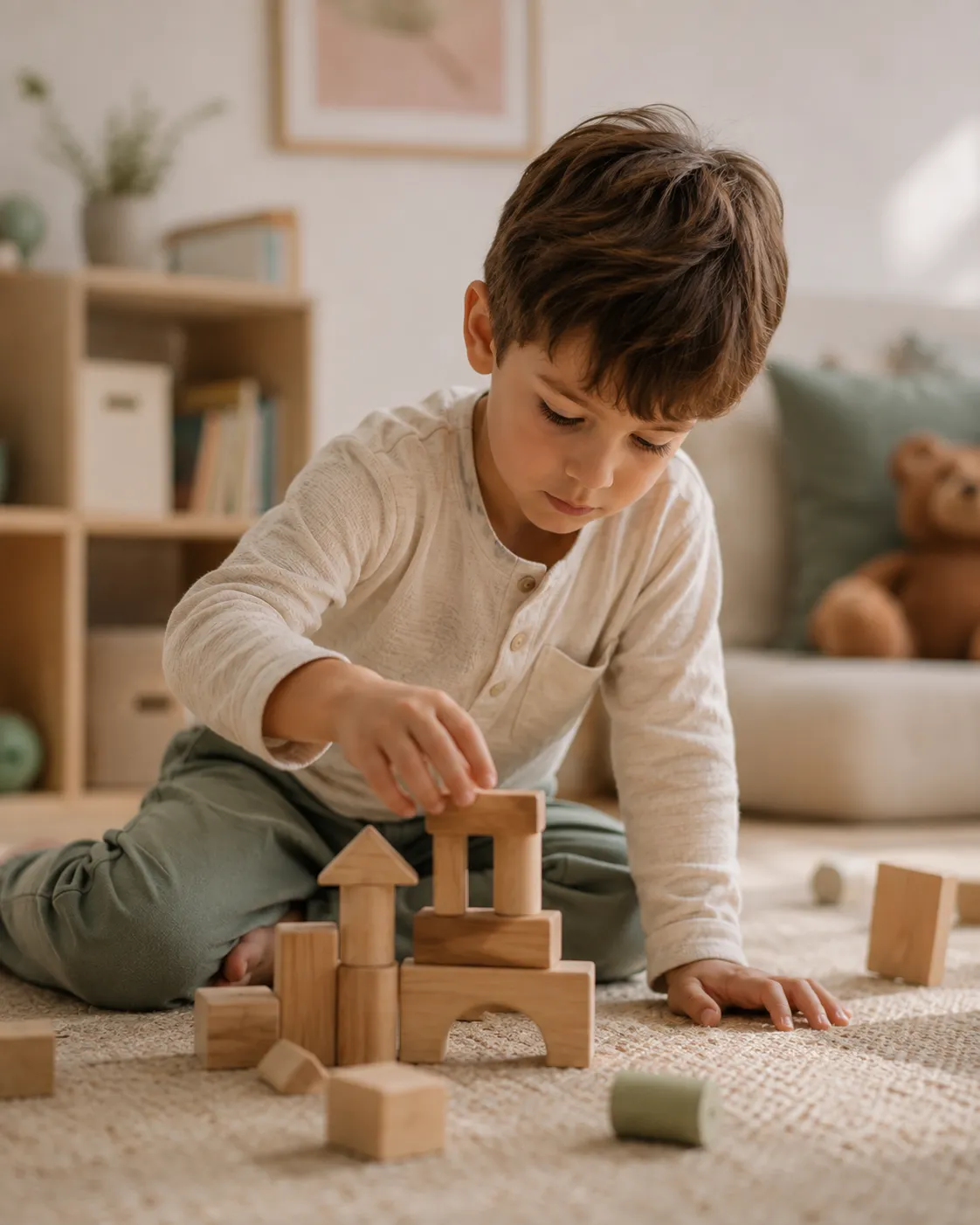 Niño jugando con bloques durante una sesión de psicoterapia infantil