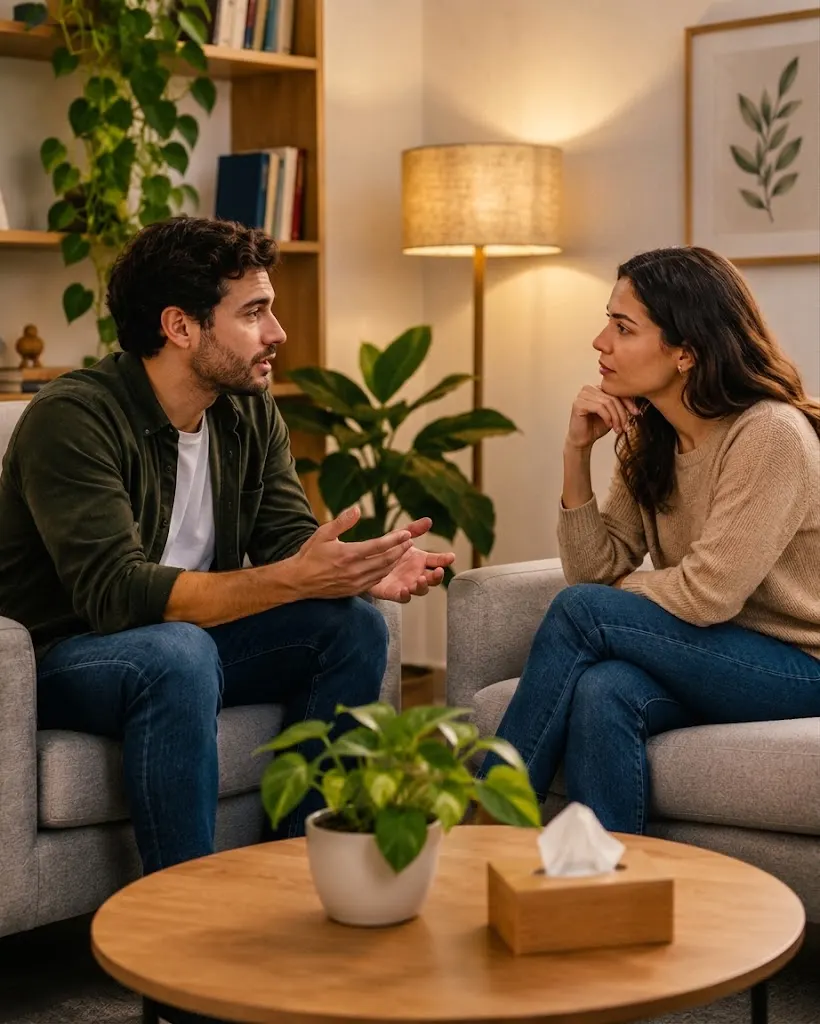 Pareja conversando durante una sesión de terapia en un espacio acogedor