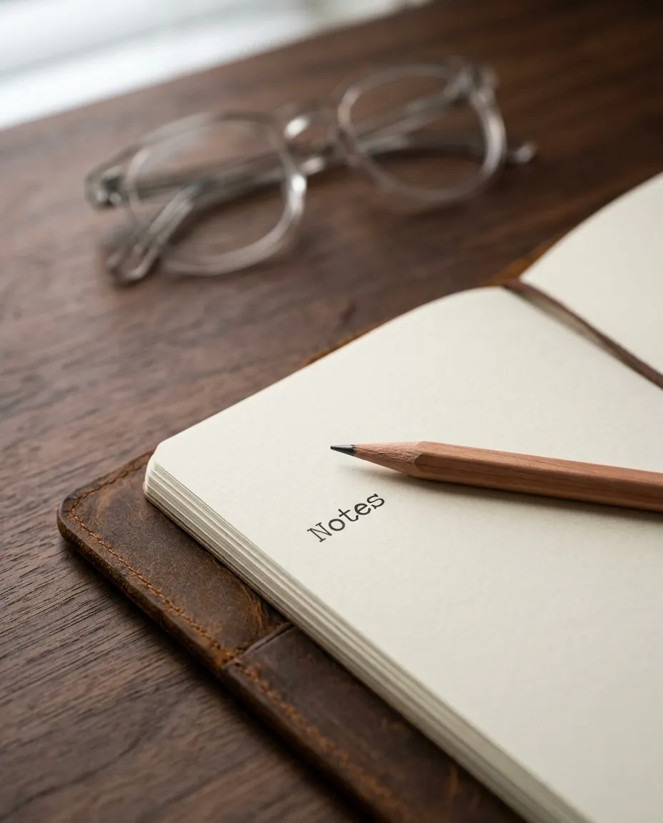 Cuaderno, lápiz y lentes preparados para tomar notas durante una sesión online