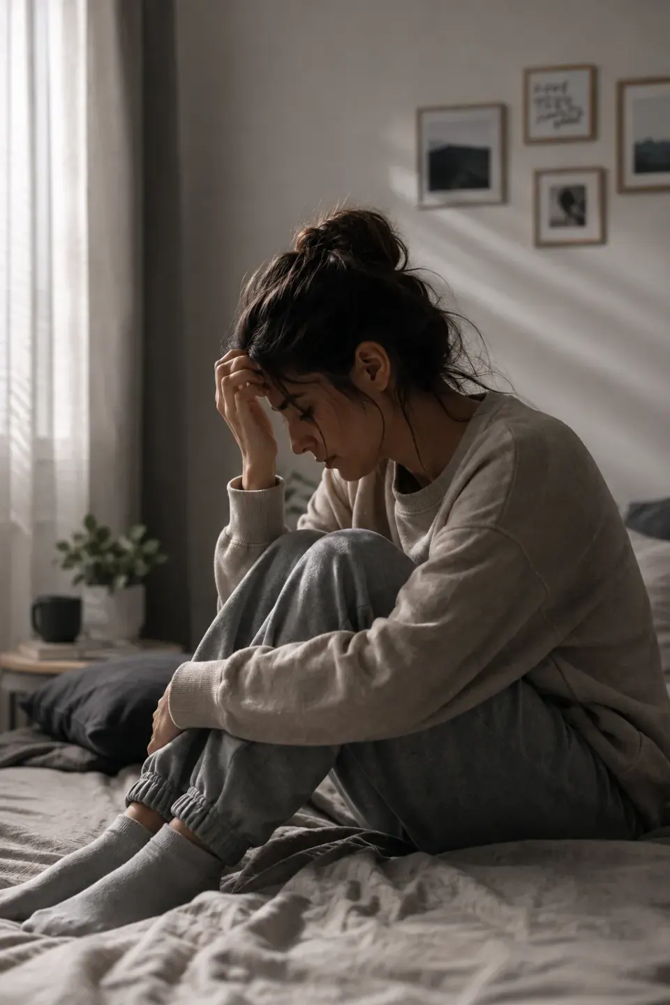 Mujer con ansiedad o depresión sentada en la cama