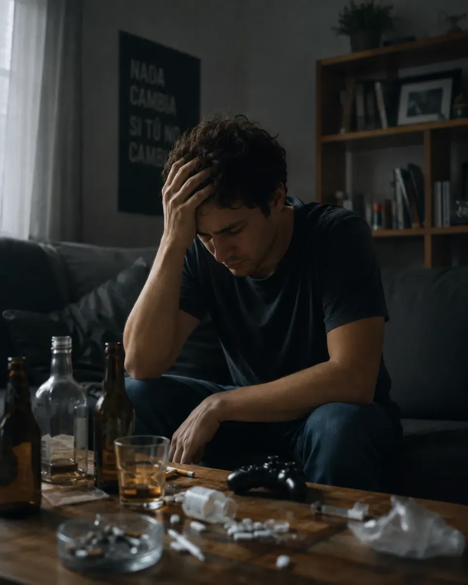 Hombre con dependencia emocional o consumo de sustancias