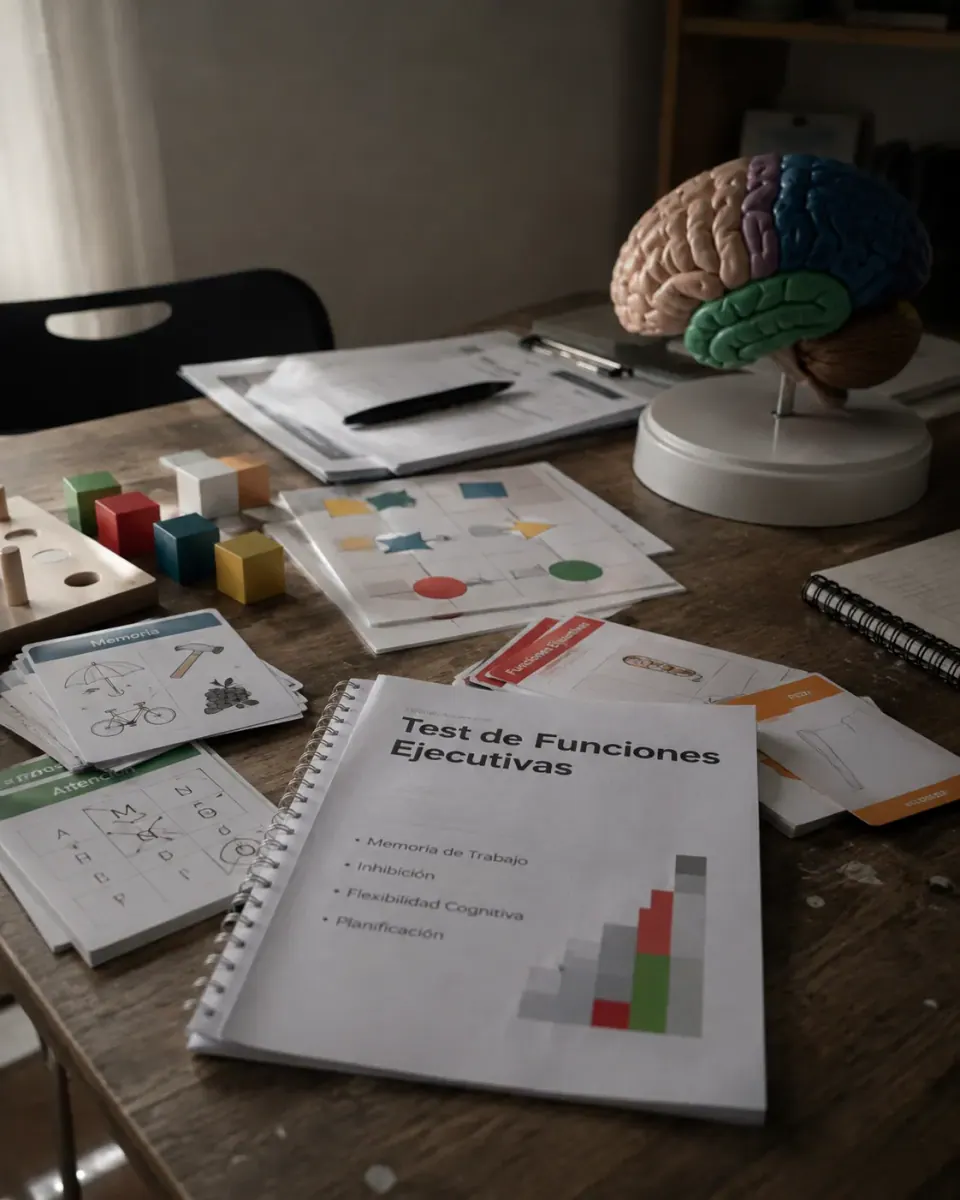 Materiales de evaluación neuropsicológica sobre una mesa de consulta