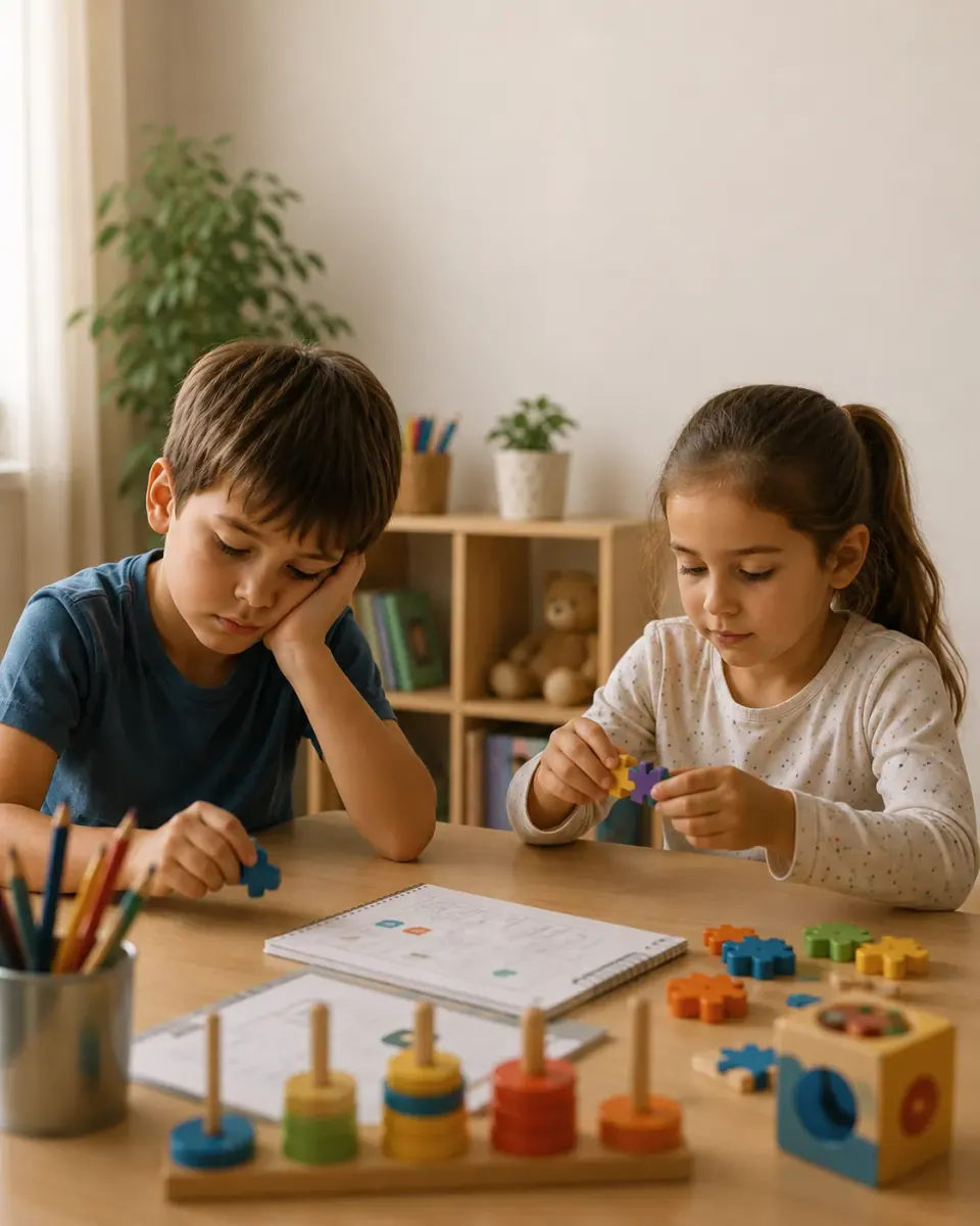 Niños durante una evaluación psicológica infantil con material lúdico