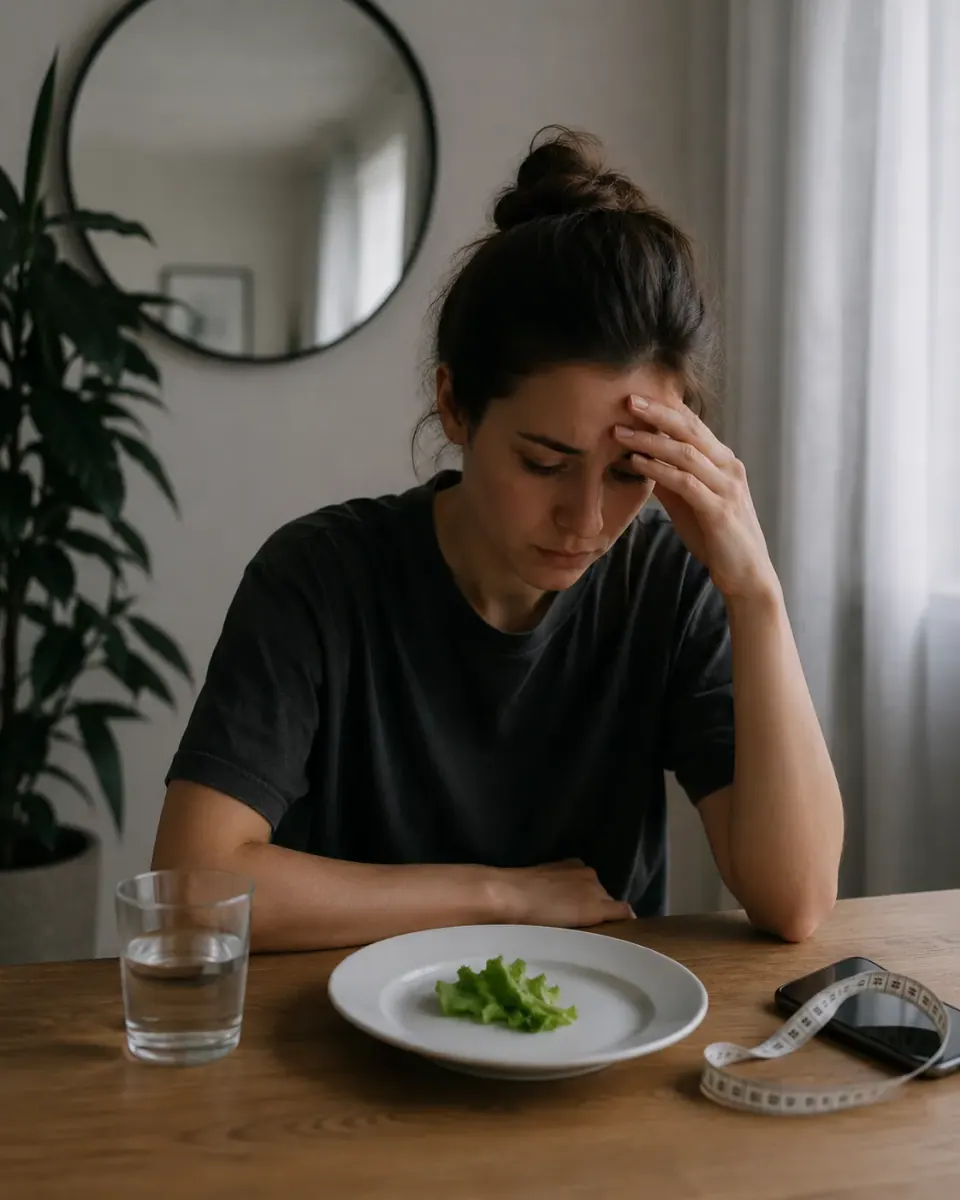 Mujer con trastorno de la conducta alimentaria frente a un plato